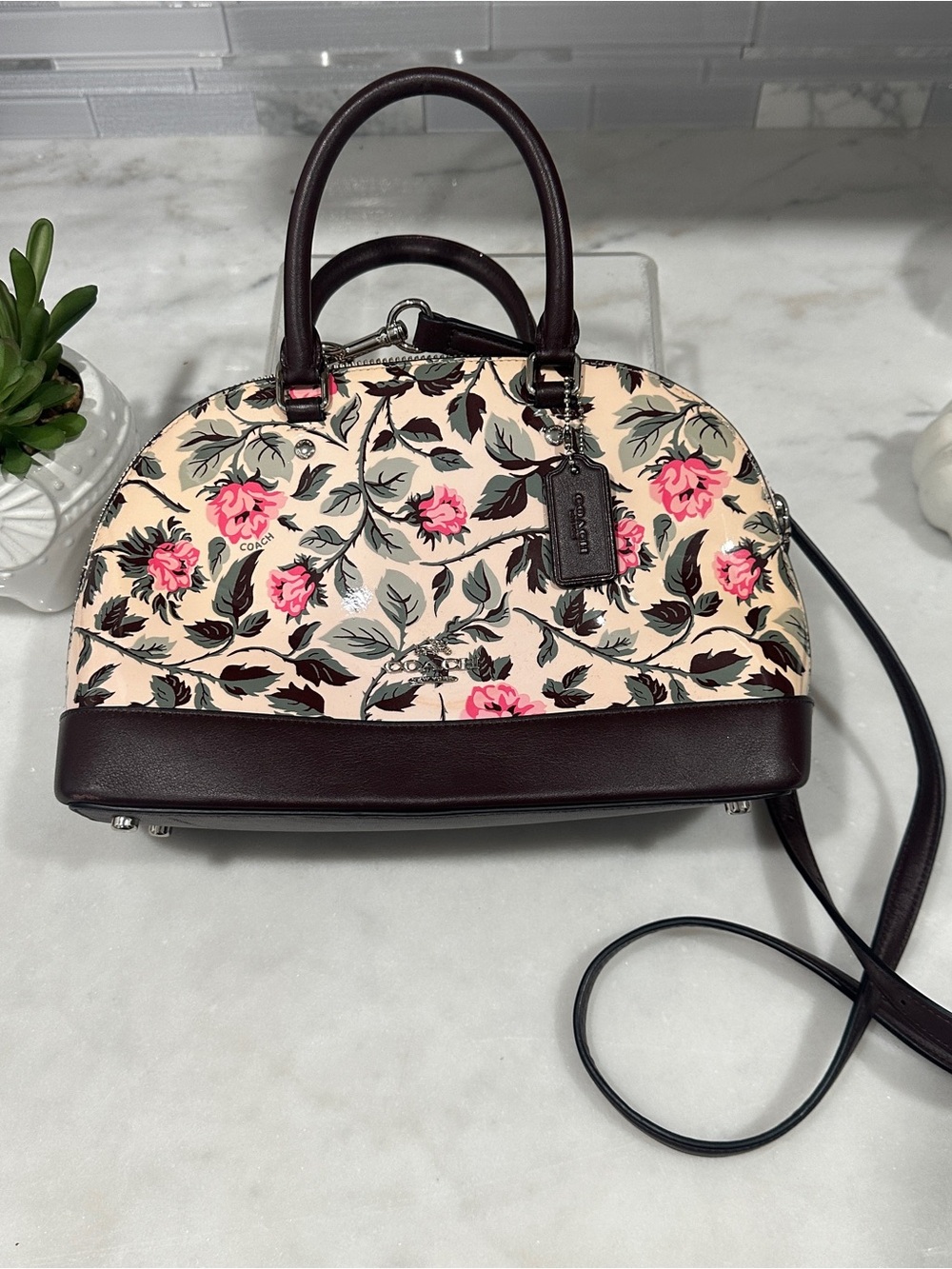 Coach Cream Floral Dome Satchel with Pink Roses and Brown Trim Patent & Leather - Picture 2 of 16